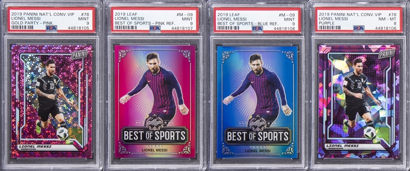 2019 Lionel Messi Card Collection (4 Different PSA Graded Cards) - Including Leaf Best Of Sports & Panini National Convention VIP